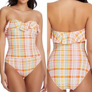 BLEU ROD BEATTIE Hip to be Square Shirred Ruffle Bandeau One-Piece Swimsuit 10